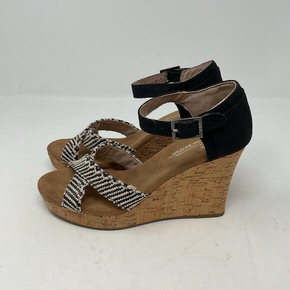 Toms Sienna Wedge Sandal Womens 7.5 Black Strappy Ankle Strap Cork Platform - Picture 8 of 13